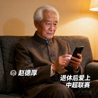 一位老年男性体育迷的头像，花白头发，穿着中山装坐在沙发上拿着手机，用户名为赵德厚，退休后爱上中超联赛